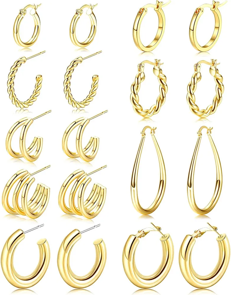 9Pairs Hoop Earrings Set for Women Thick Chunky Hoop Earrings Open Twisted Round Huggie Lightweight High Polished Hoops - Grocery