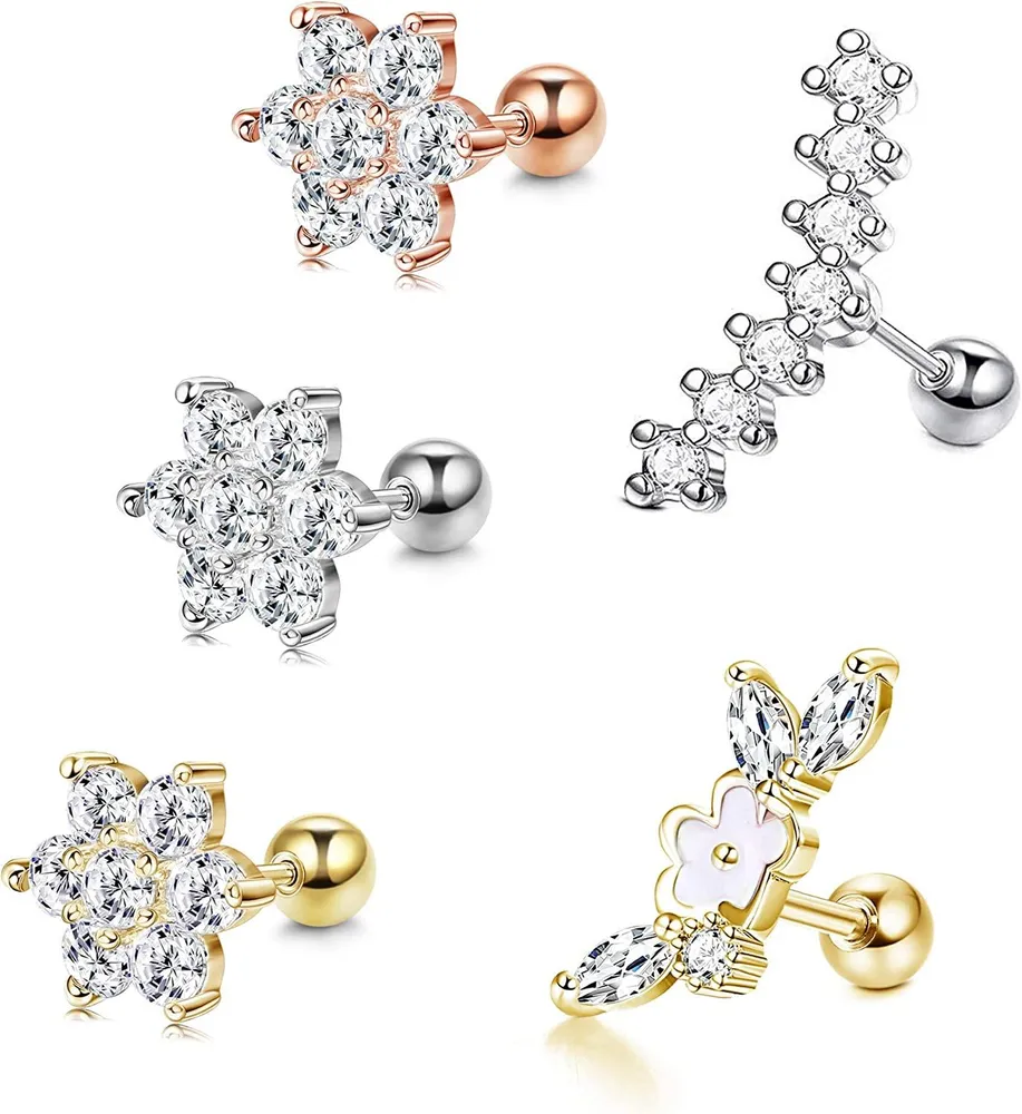 5Pcs Stainless Steel Ear Cartilage Earrings for Women CZ Stud Flower Shape Ear Piercing Barbell Helix Tragus Conch Cartilage Earrings 16G - Grocery