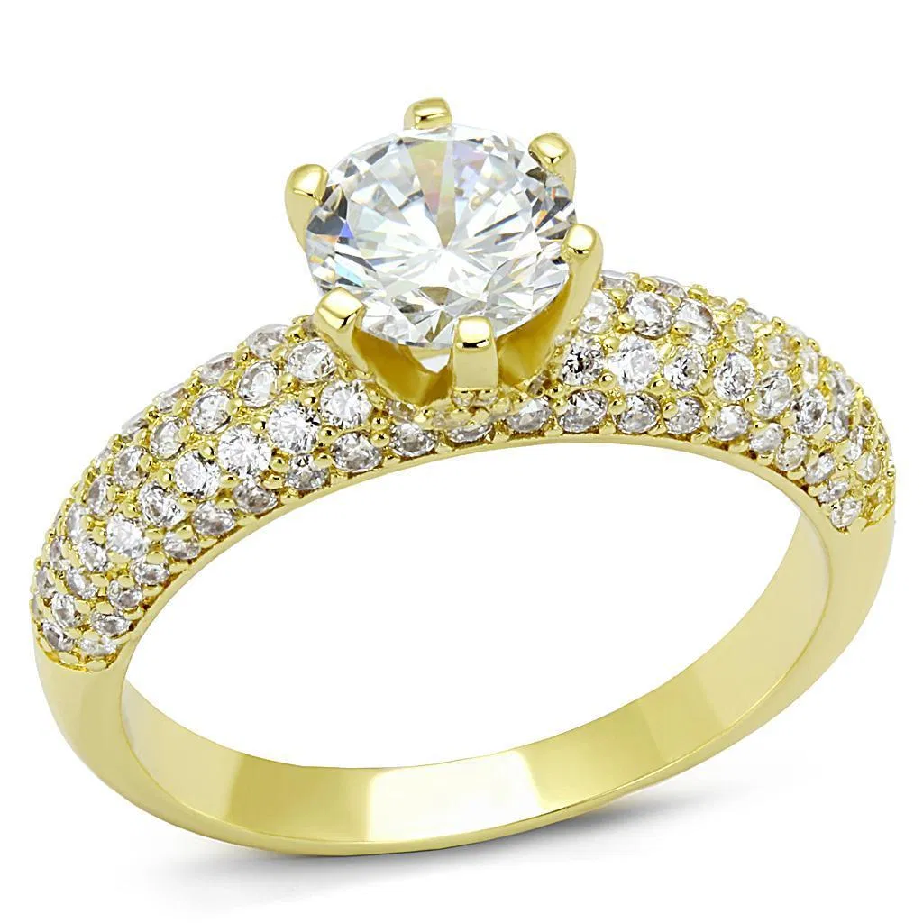 3W1255 - Gold Brass Ring with AAA Grade CZ in Clear - Grocery