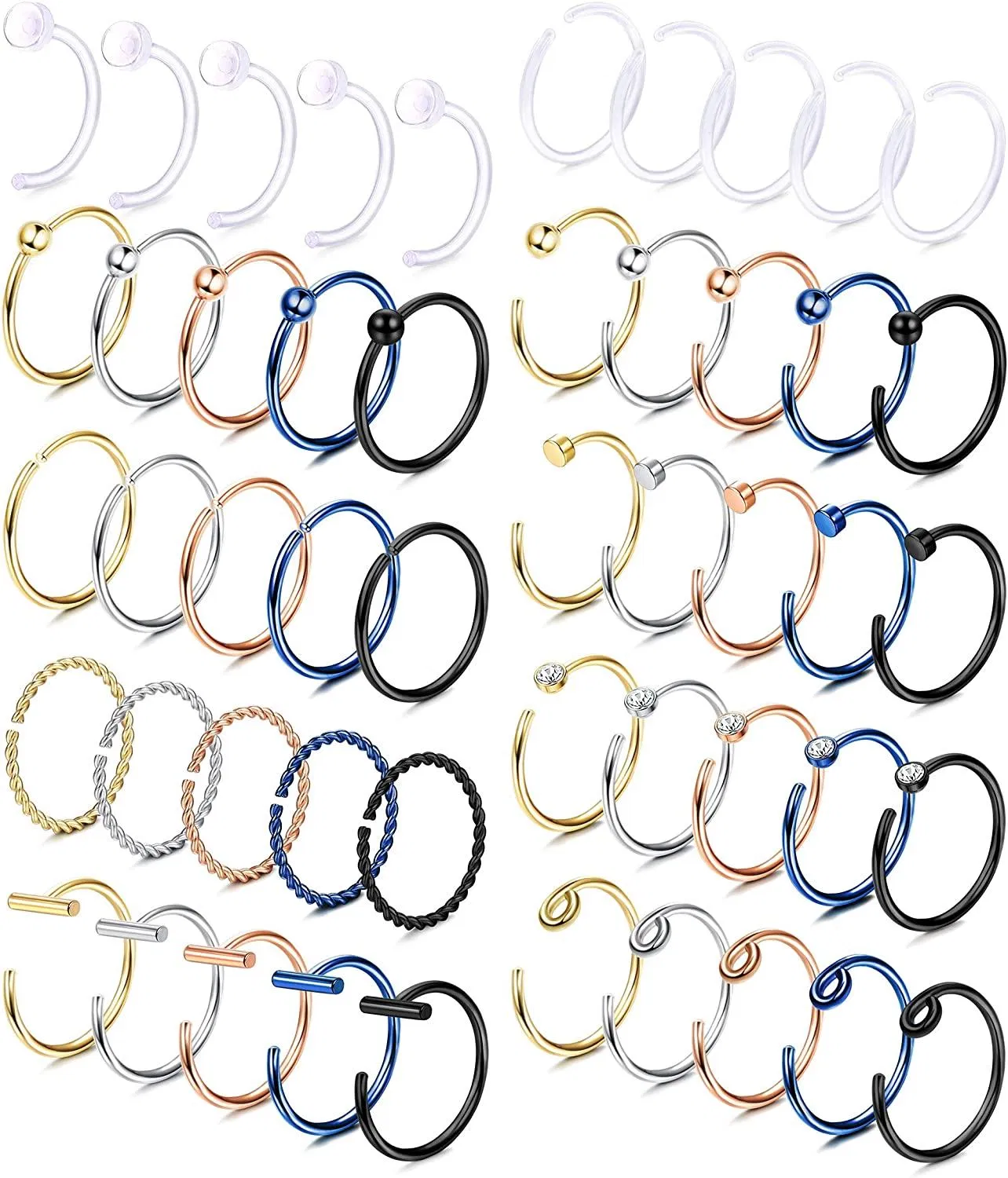50Pcs 20G Clear Nose Retainer&Stainless Nose Rings Hoop 8MM Helix Cartilage Tragus Earrings CZ Hoop Nose Piercings Jewelry - Grocery