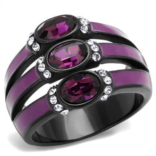 TK2213 - IP Black(Ion Plating) Stainless Steel Ring with Top Grade Crystal in Amethyst - Grocery