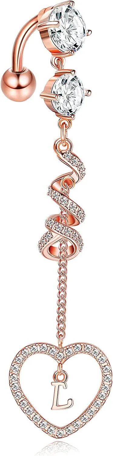 14G Belly Button Ring Dangle with Initials CZ Barbell Piercing Heart Pendant Belly Ring 316L Surgical Stainless Long Navel Ring Body for Women - Grocery