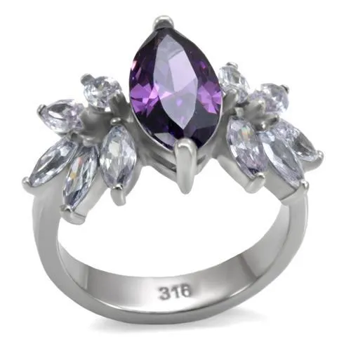 TK085 - High polished (no plating) Stainless Steel Ring with AAA Grade CZ in Amethyst - Grocery