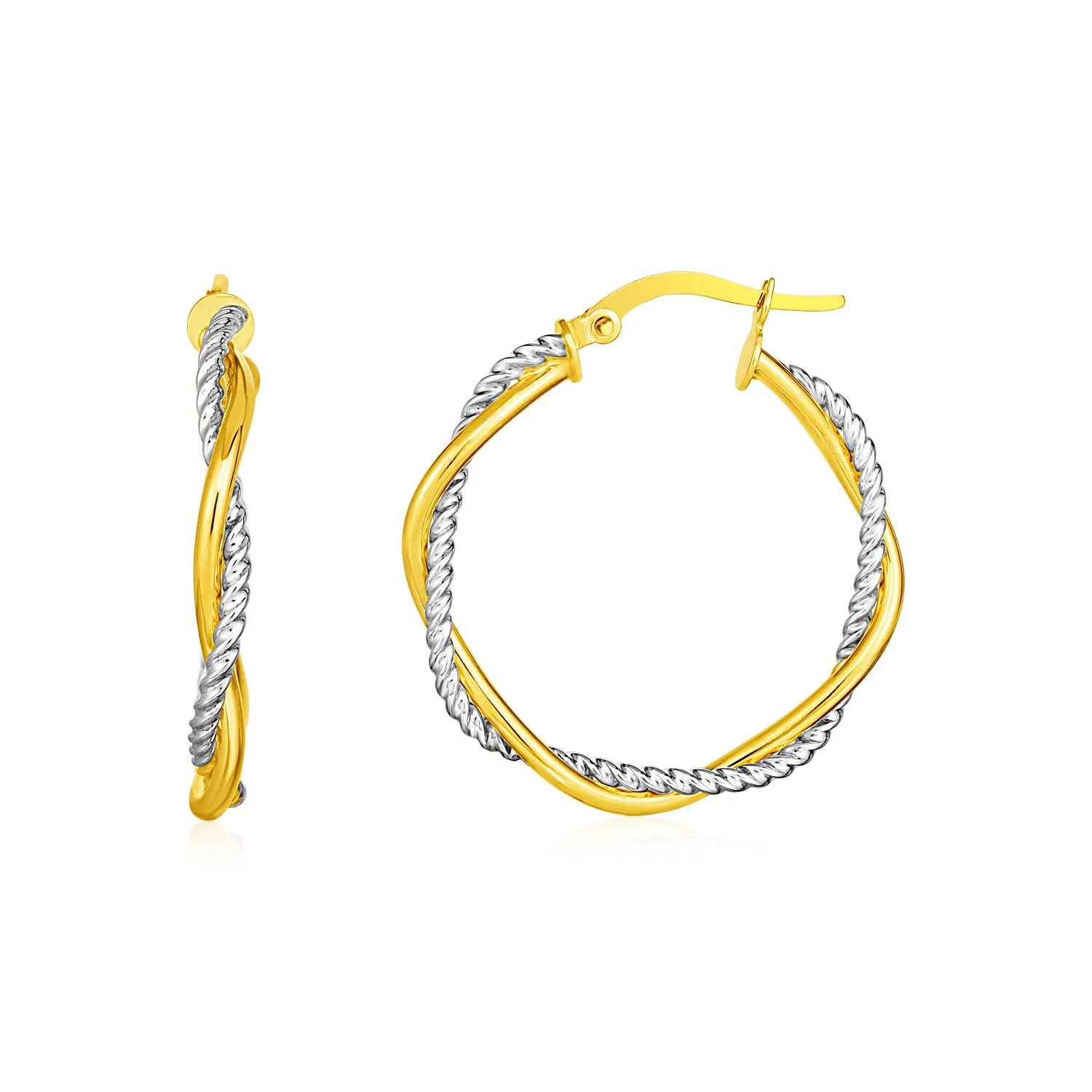 14k Yellow and White Gold Two Part Textured Twisted Round Hoop Earrings(3x23mm) - Grocery