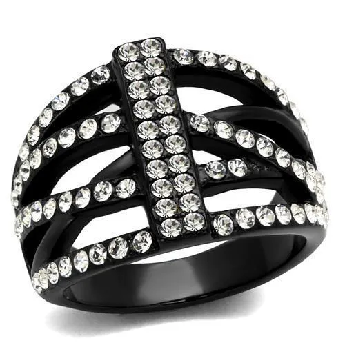 TK2354 - IP Black(Ion Plating) Stainless Steel Ring with Top Grade Crystal in Clear - Grocery