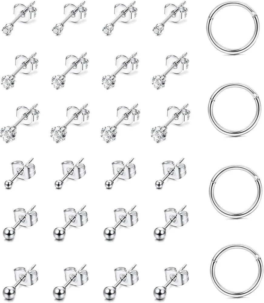 14 Pairs Stainless Earrings for Men Women Cubic Zirconia Round Ball Stud Cartilage Hoop Earrings Set - Grocery