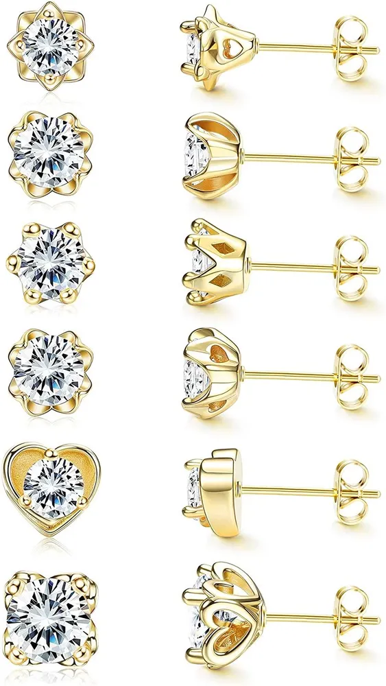 6 Pairs Cubic Zirconia Stud Earrings Set for Women Hypoallergenic Multi Piercing Ears Flower Crown Love CZ Earrings 8mm - Grocery