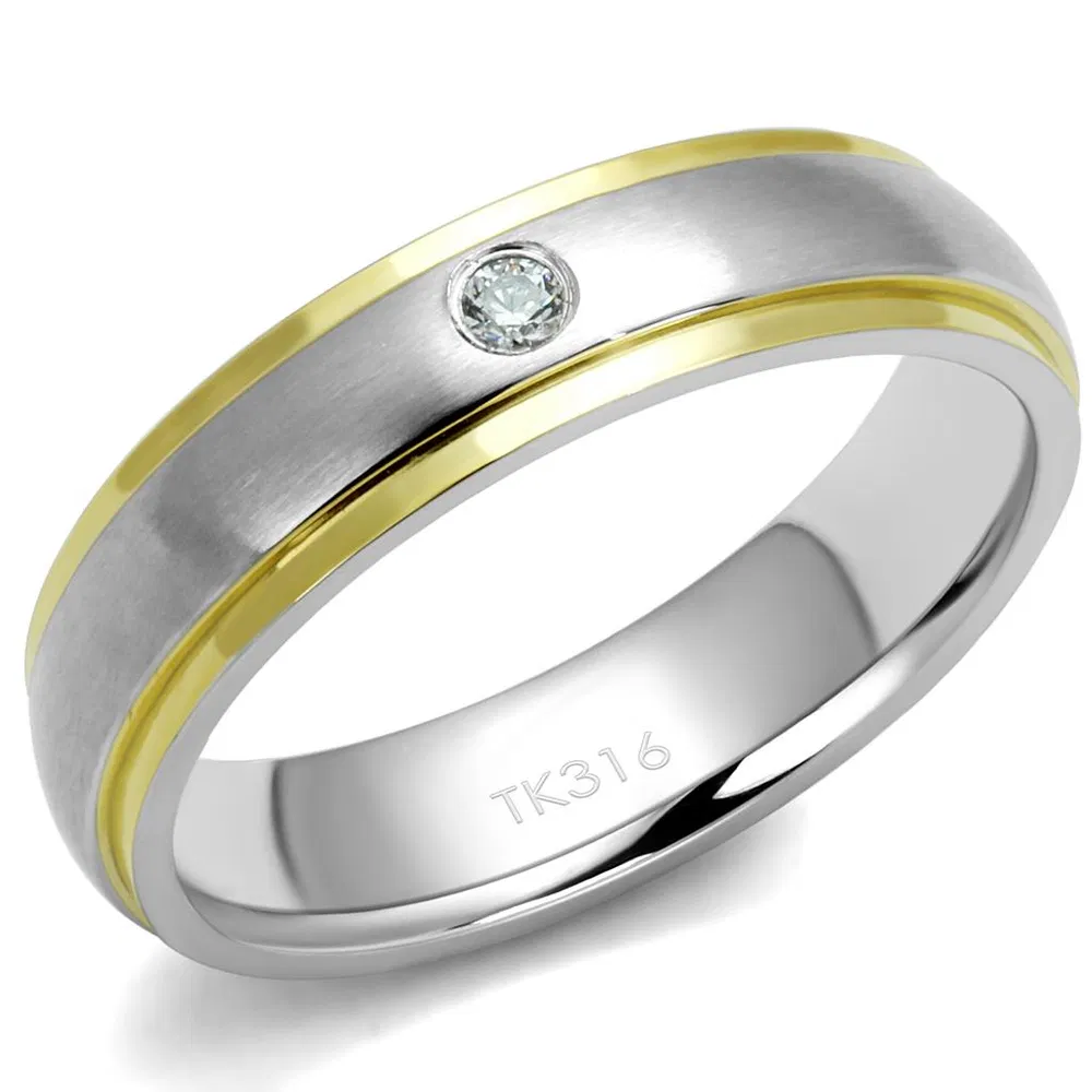 TK2938 - Two-Tone IP Gold (Ion Plating) Stainless Steel Ring with AAA Grade CZ in Clear - Grocery