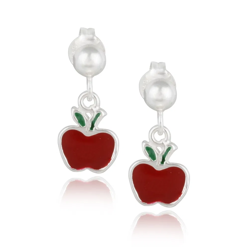 Sterling Silver Red Enamel Apple Dangle Earrings - Grocery