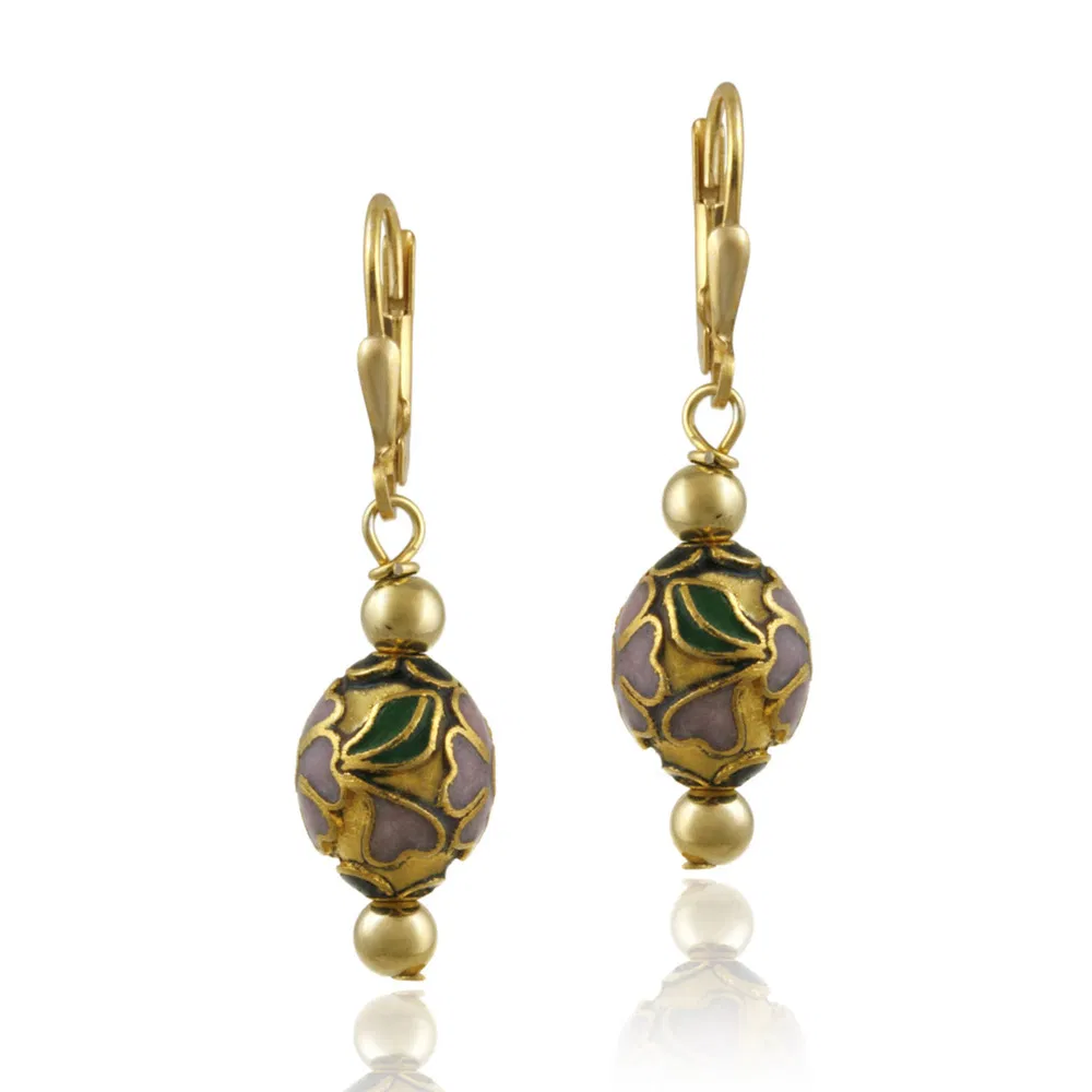 18K Gold over Sterling Silver Teal Cloisonne Oval Bead Dangle Earrings - Grocery