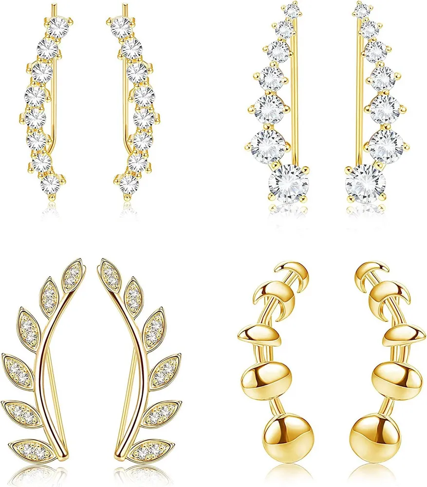 4Pairs Ear Cuffs Hoop Climber Earrings Cubic Zirconia Crawler Earrings Stud Ear Climber Jackets - Grocery