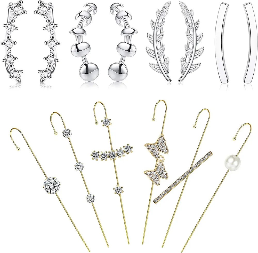 14PCS Ear Wrap Crawler Hook Earrings for Women Ear Cuffs Hoop Climber Earrings CZ Leaf Crawler Arrow Ball Earring Stud Ear Climber Jackets Piercing - Grocery