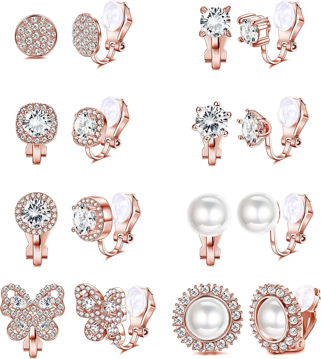 8 Pairs Cubic Zirconia Clip on Earrings for Women Non Piercing Silver Faux Pearl CZ Butterfly Earrings Hypoallergenic Non Pierced Clip on Earrings Set - Grocery