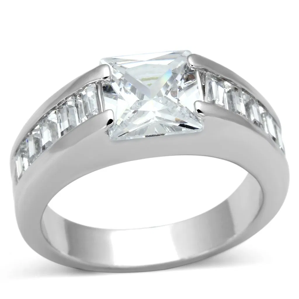 LOA843 - Rhodium Brass Ring with AAA Grade CZ in Clear - Grocery