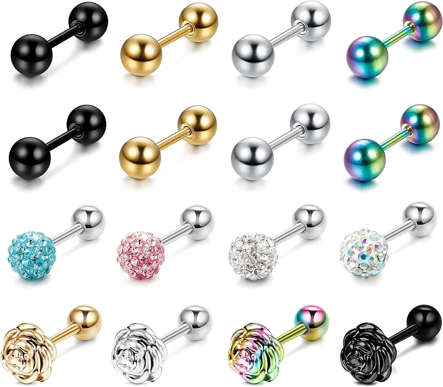 16Pcs 14G Tongue Rings for Women Mix-color Surgical Stainless Steel Straight Barbell Tongue Piercing Jewelry Bars Piercing - Grocery