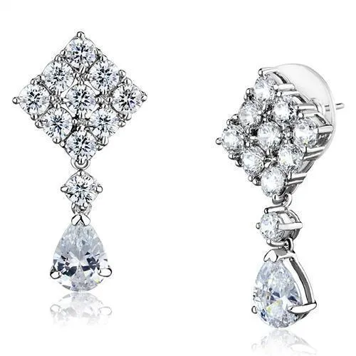 3W1288 - Rhodium Brass Earrings with AAA Grade CZ in Clear - Grocery