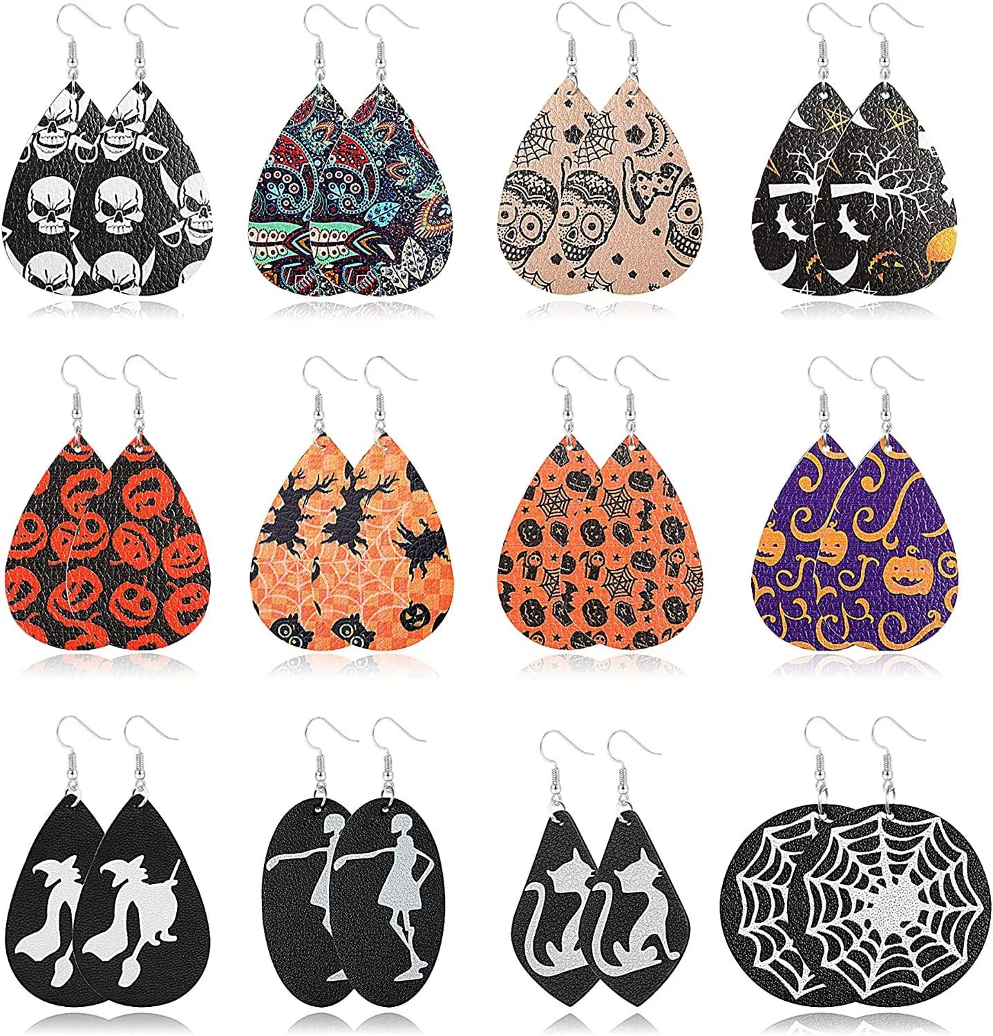 12 Pairs Faux Leather Teardrop Earring Set for Women Lightweight Pumpkin Bat Cat Spider Alien Web Dangle Earrings - Grocery