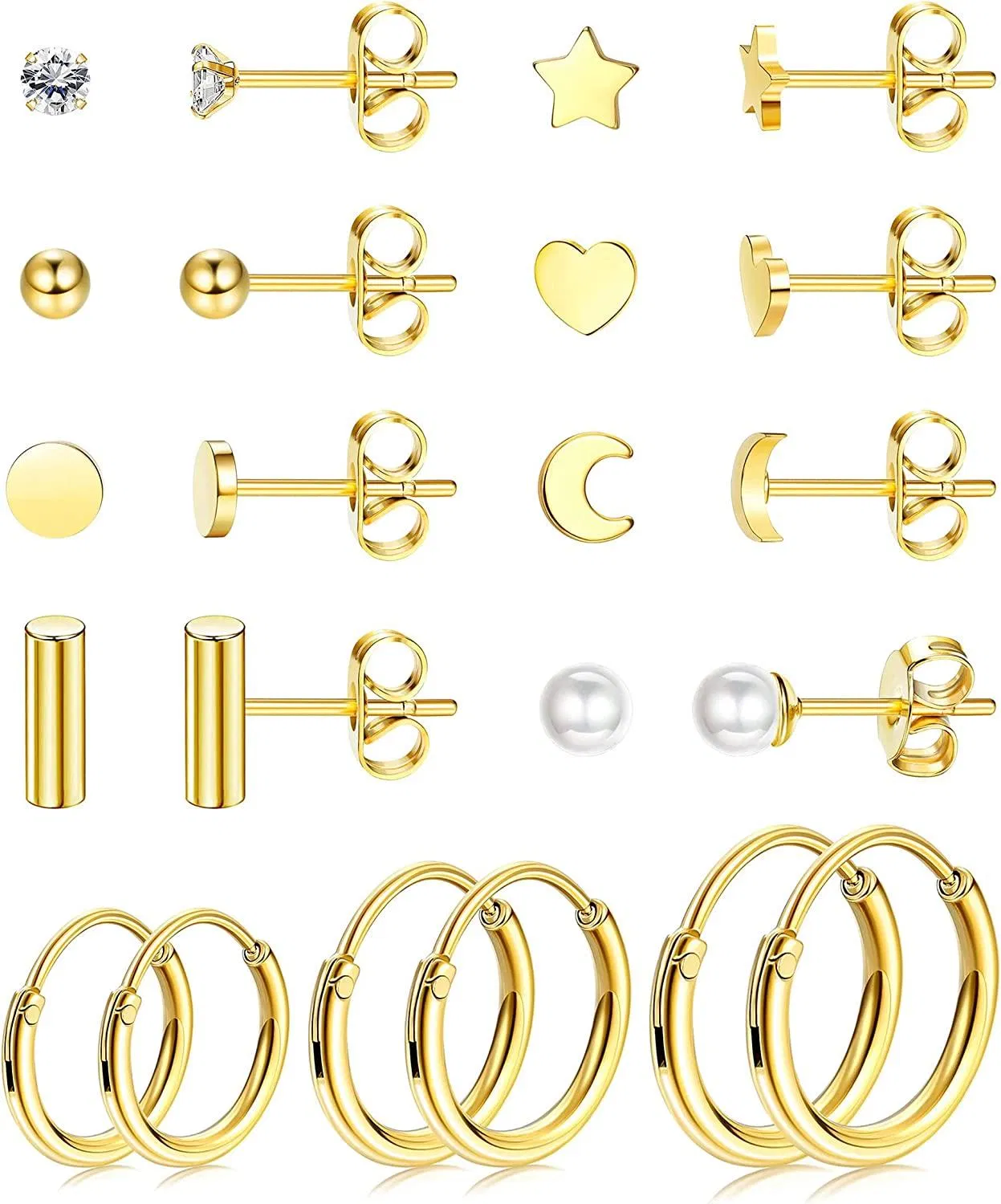 11 Pairs Stainless Stud Earrings Set for Women Minimalist Ball Dot CZ Star Moon Bar Heart Pearl Tiny Earring Small Hoop Cartilage Earrings Set - Grocery