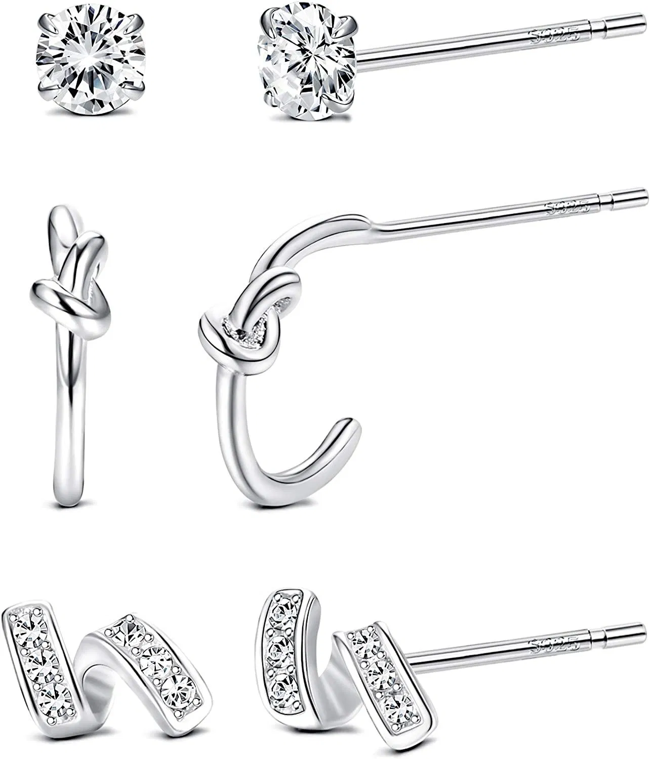 3 Pairs S925 Sterling Silver Stud Earrings Set For Women Cubic Zirconia Studs Earrings Cartilage Earring Stud Tiny Silver Stud Earrings For Woman - Grocery