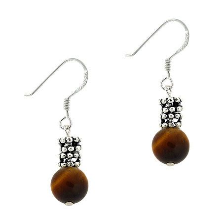 Sterling Silver Tiger Eye & Bali Bead Dangle Earrings - Grocery