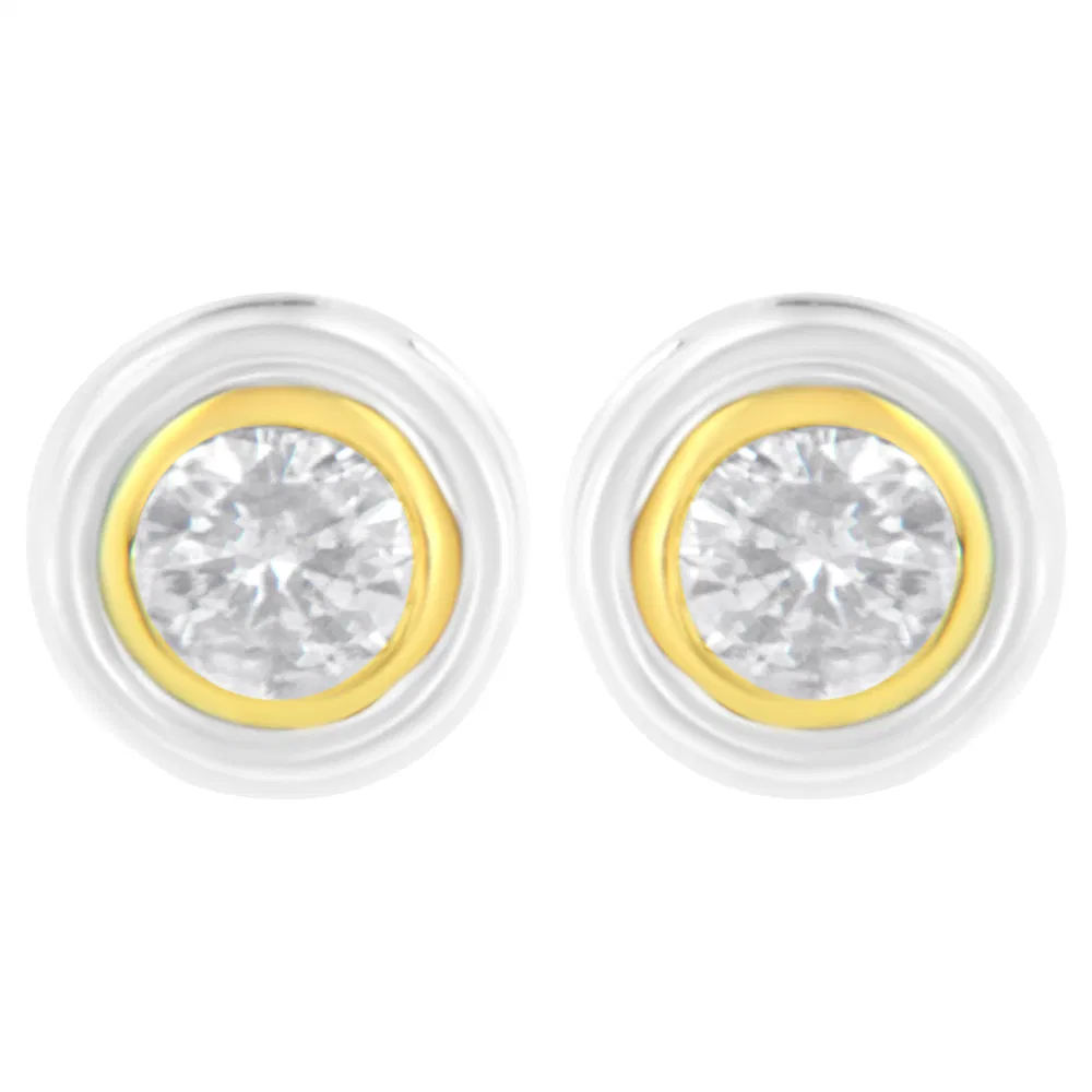 10K Yellow & White Two-Tone Gold 1/5 Cttw Round Brilliant-Cut Near Colorless Diamond Bezel-Set Stud Earrings with Screw Backs (J-K Color, I1-I2 Clarity) - Grocery