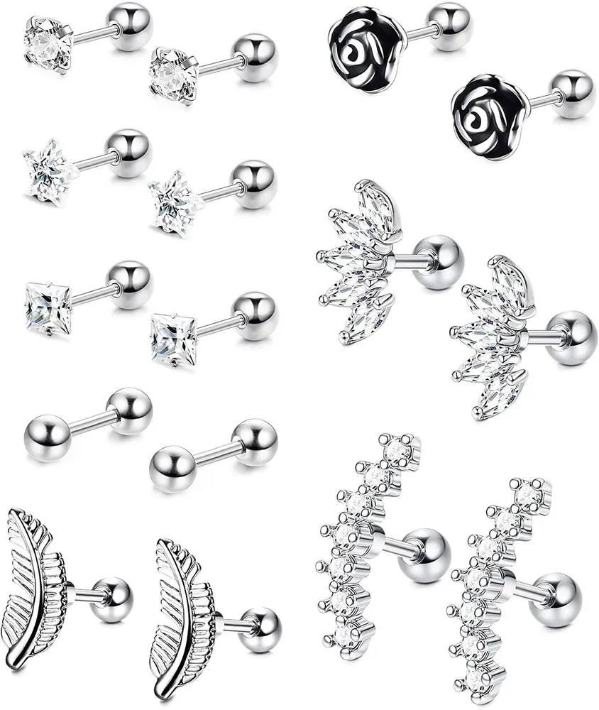 8 Pairs Stainless Helix Cartilage Tragus Stud Earrings Flower Feather Star CZ Barbell Piercing Earrings 16G 18G - Grocery