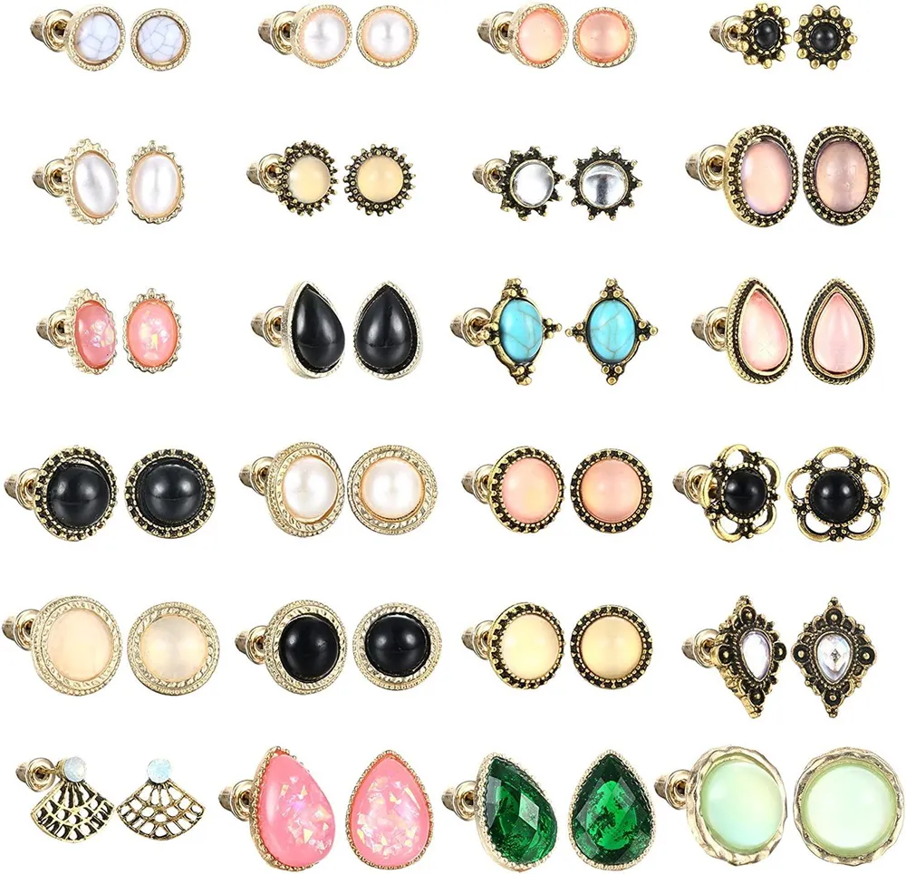 24Pairs Vintage Stud Earrings Set For Women Boho Stud Earrings Turquoise Moonstone Crystal Multiple Gem Stud Earrings - Grocery