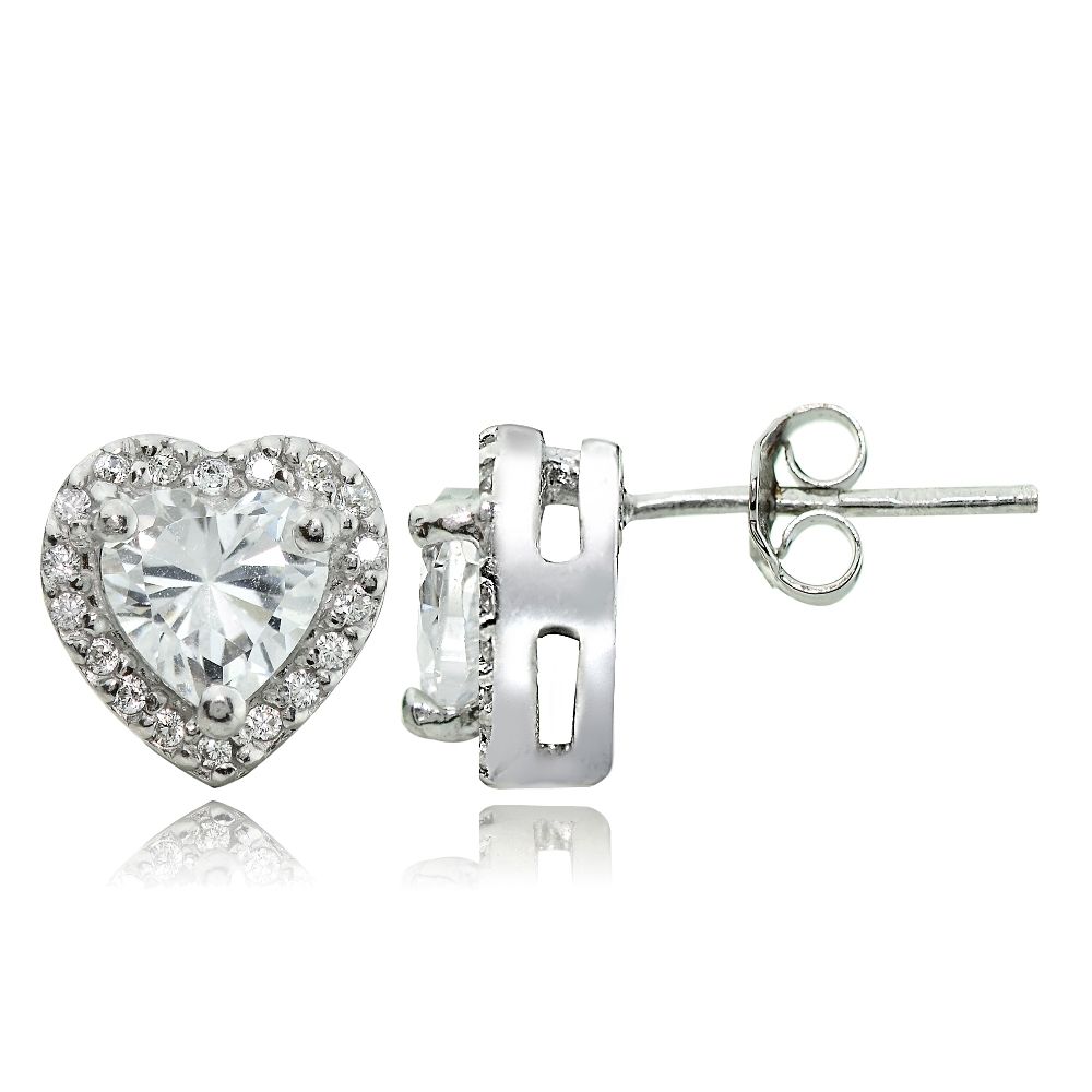 Sterling Silver Cubic Zirconia Heart Stud Earrings - Grocery