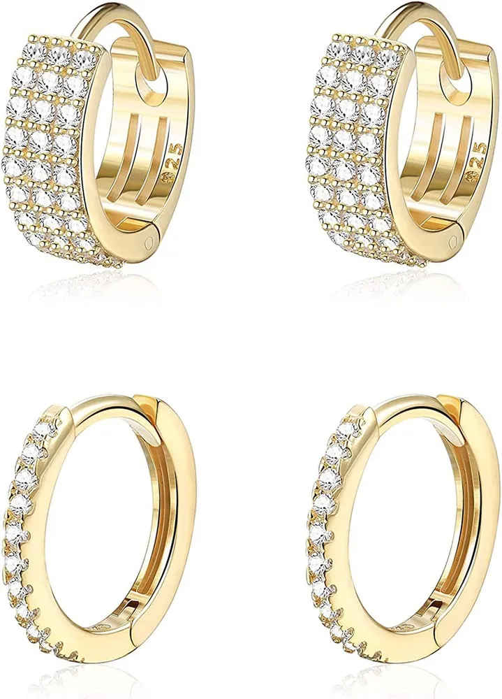 2 Pairs Sterling Small Hoop Earrings for Women 18K Huggie Hoop Earrings Cubic Zirconia Paved Hoop Earrings Simulated Diamond Cartilage Cuff Huggie Hoops - Grocery