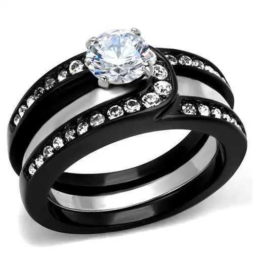 TK2303 - Two-Tone IP Black (Ion Plating) Stainless Steel Ring with AAA Grade CZ in Clear - Grocery