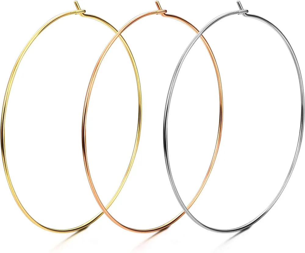 3Pairs Sterling Silver Big Hoop Earrings Thin Wire Lightweight Hoops 18K Gold Plated Rose Gold Plated Silver Large Hoop Earrings for Women 60MM - Grocery