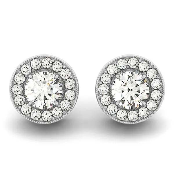 14k White Gold Round Diamond Halo Milgrain Border Earrings (3/4 cttw) - Grocery