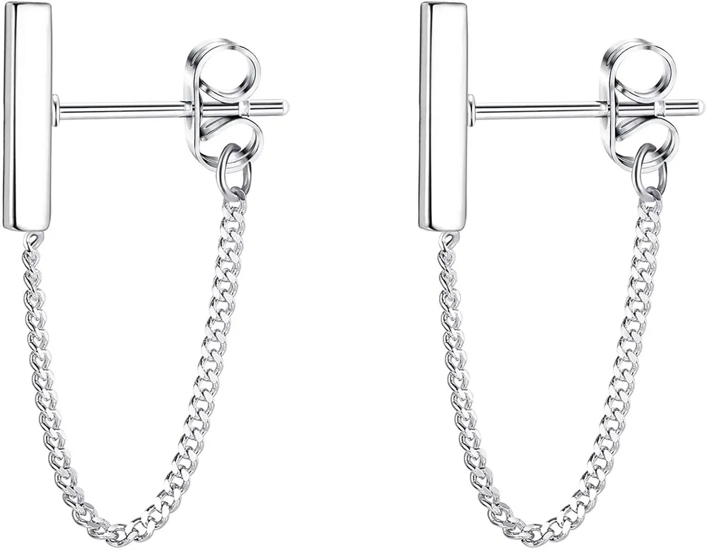 925 Sterling Silver Chain Stud Earrings Minimalist Threader Dangle Earrings Bar Chain Earrings for Women - Grocery