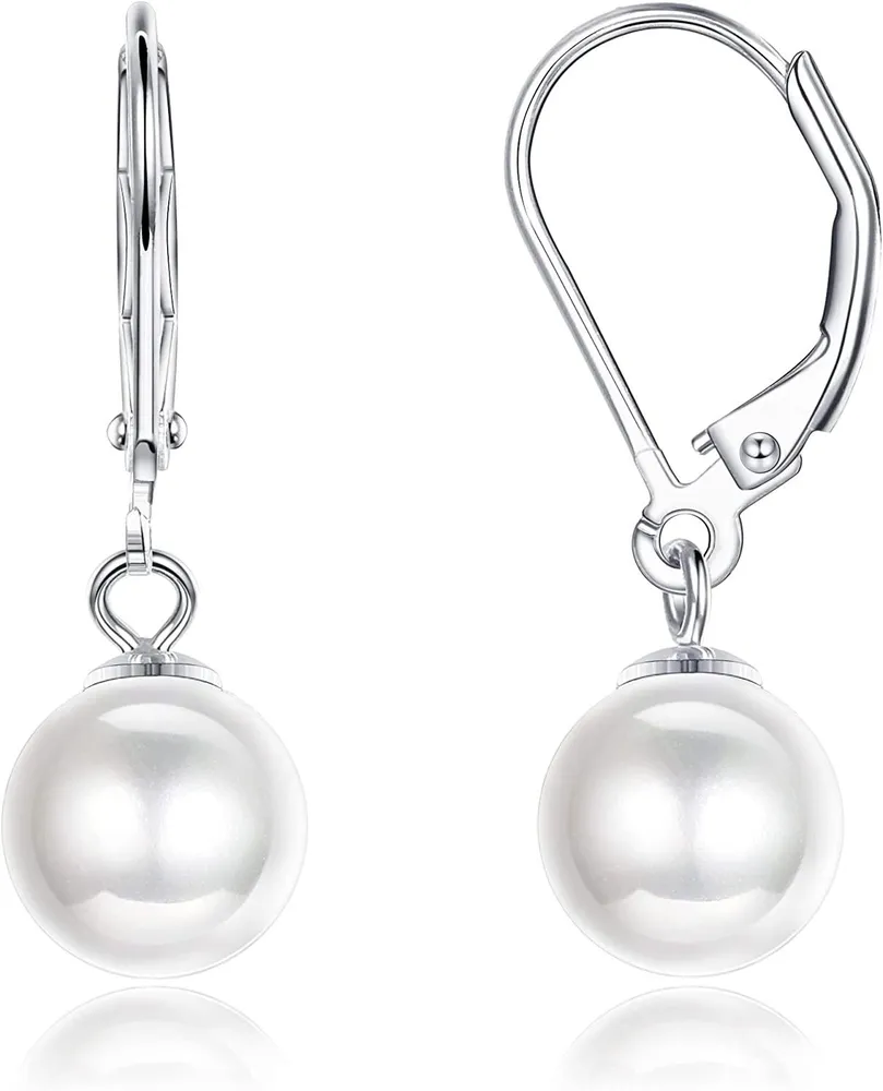 Sterling Silver Freshwater Cultured Pearl Earrings for Women Leverback Dangle Pearl Earrings Hoop Hypoallergenic 6-10MM Pearl - Grocery