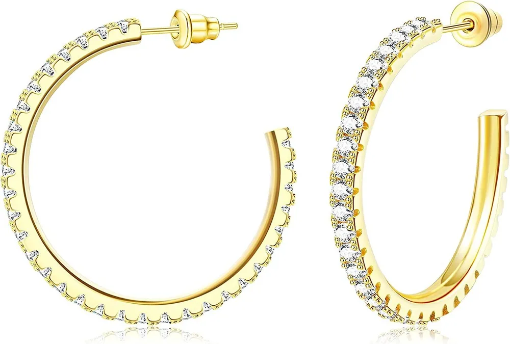 18K Gold Plated Half Hoop Earrings for Women Cubic Zirconia Medium Hoops Lightweight Hoop Earrings Open Large Hoop Earrings - Grocery