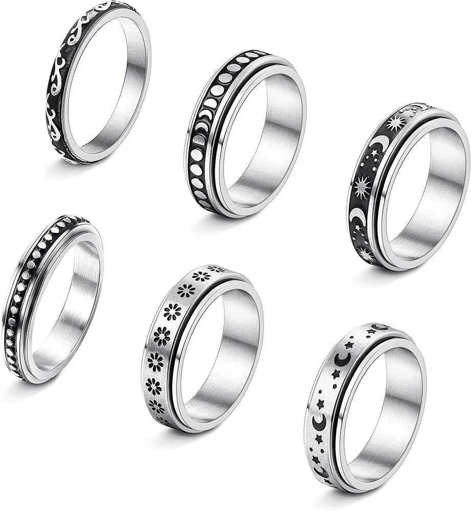 6PCS Stainless Spinner Rings for Women Men Fidget Band Rings Moon Star Flower Stress Relieving Meditation Rings Wedding Promise Fidget Rings - Grocery