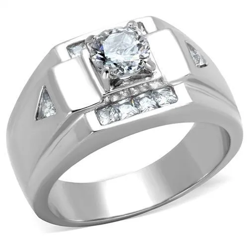 TK2052 - High polished (no plating) Stainless Steel Ring with AAA Grade CZ in Clear - Grocery