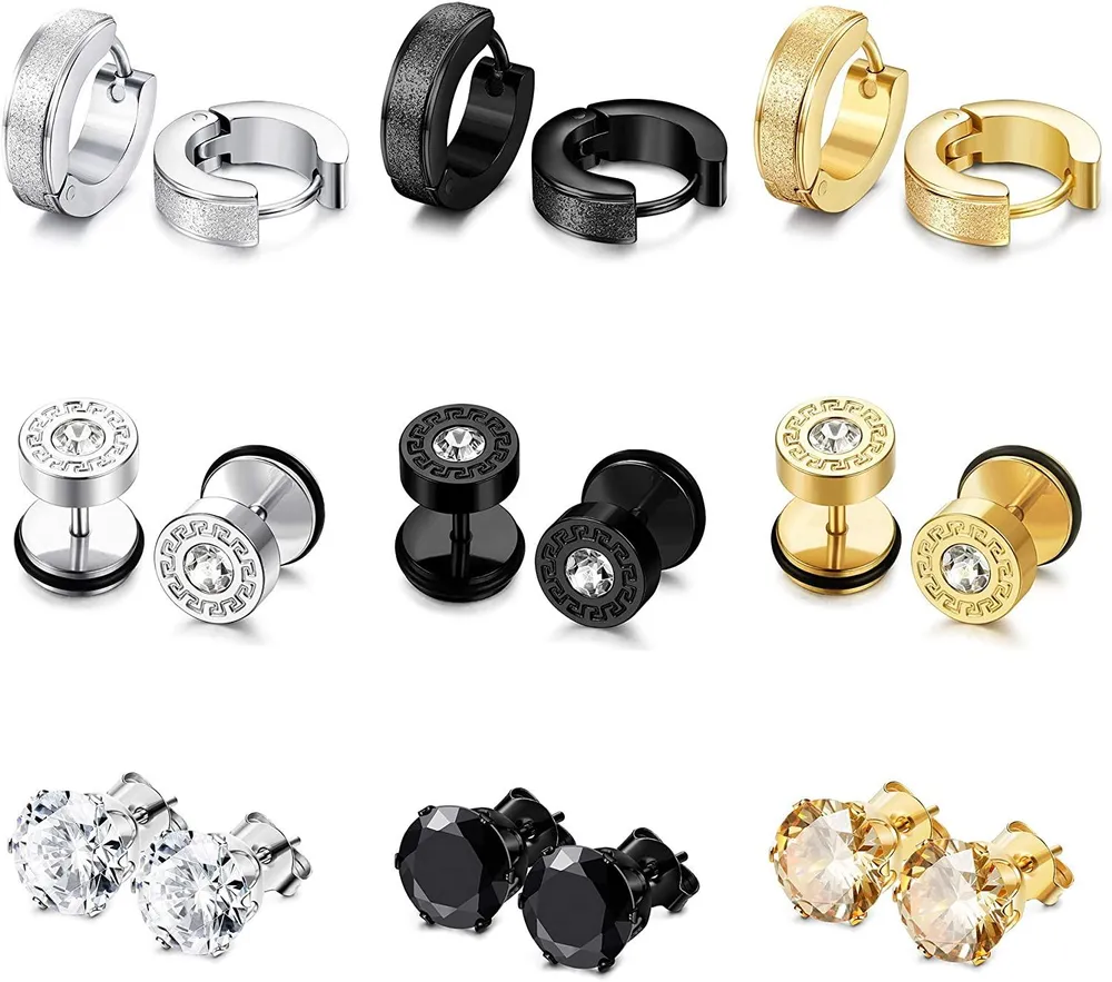 9 Pairs Stainless Mens Womens Stud Earrings Set Ear Piercing Plugs Tunnel Screw Design Huggie Hoop Earrings CZ Inlaid Cartilage Stud Earrings - Grocery