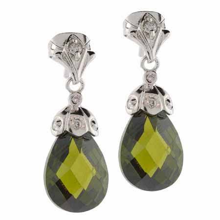 Sterling Silver Olive Green CZ Raindrop Earrings - Grocery