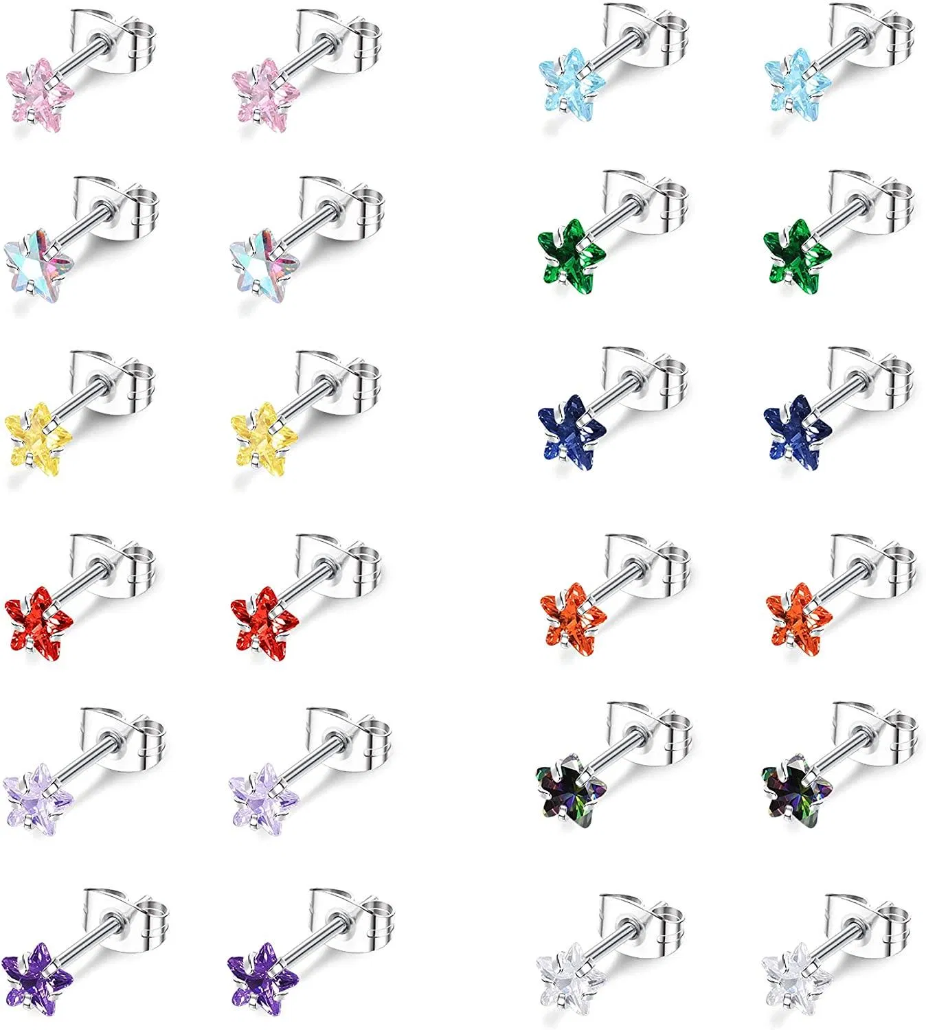 12Pairs CZ Stud Earrings for Women Men Stainless Multicolor Star Cubic Zirconia Earrings Studs Cartilage Helix Earring Stud Set - Grocery