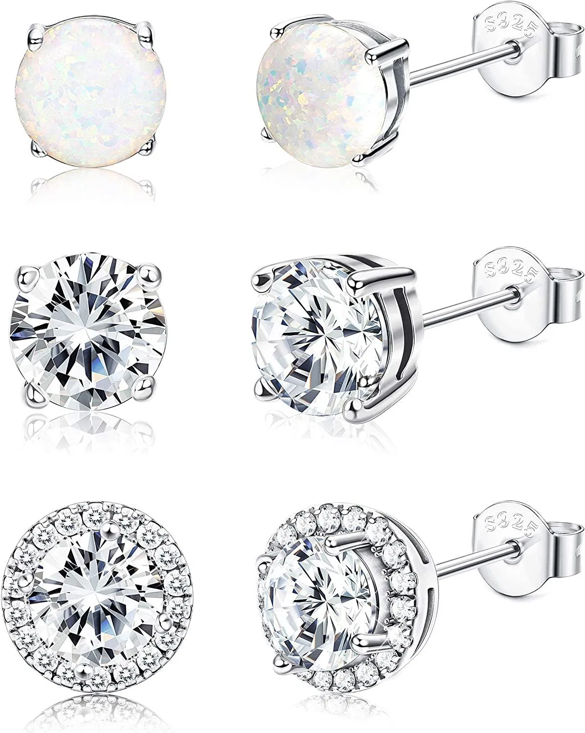 3 Pairs 925 Sterling Silver Stud Earring CZ Opal Stud Earring Set for Women with Gift Box - Grocery