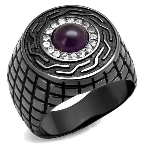 TK2813 - IP Light Black (IP Gun) Stainless Steel Ring with Semi-Precious Amethyst Crystal in Amethyst - Grocery