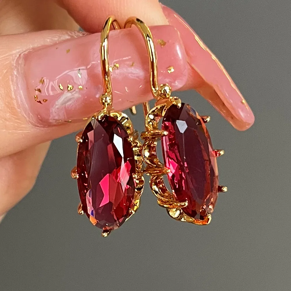 18K Gold Plated Chic Bridal Wedding Dangle Earrings Oval Faux Gemstone Earrings Women's Jewelry Gifts - Grocery