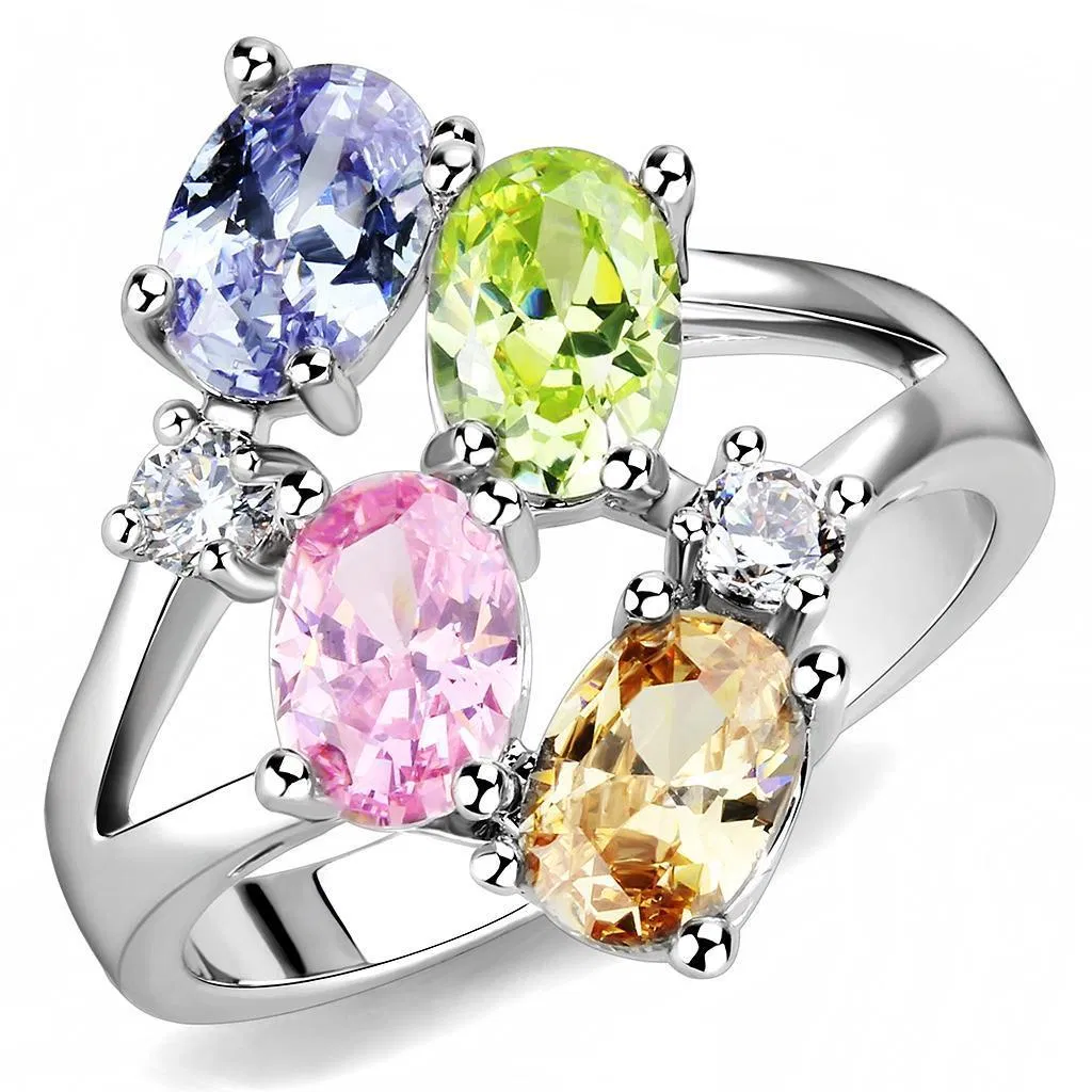 3W1474 - Rhodium Brass Ring with AAA Grade CZ in Multi Color - Grocery