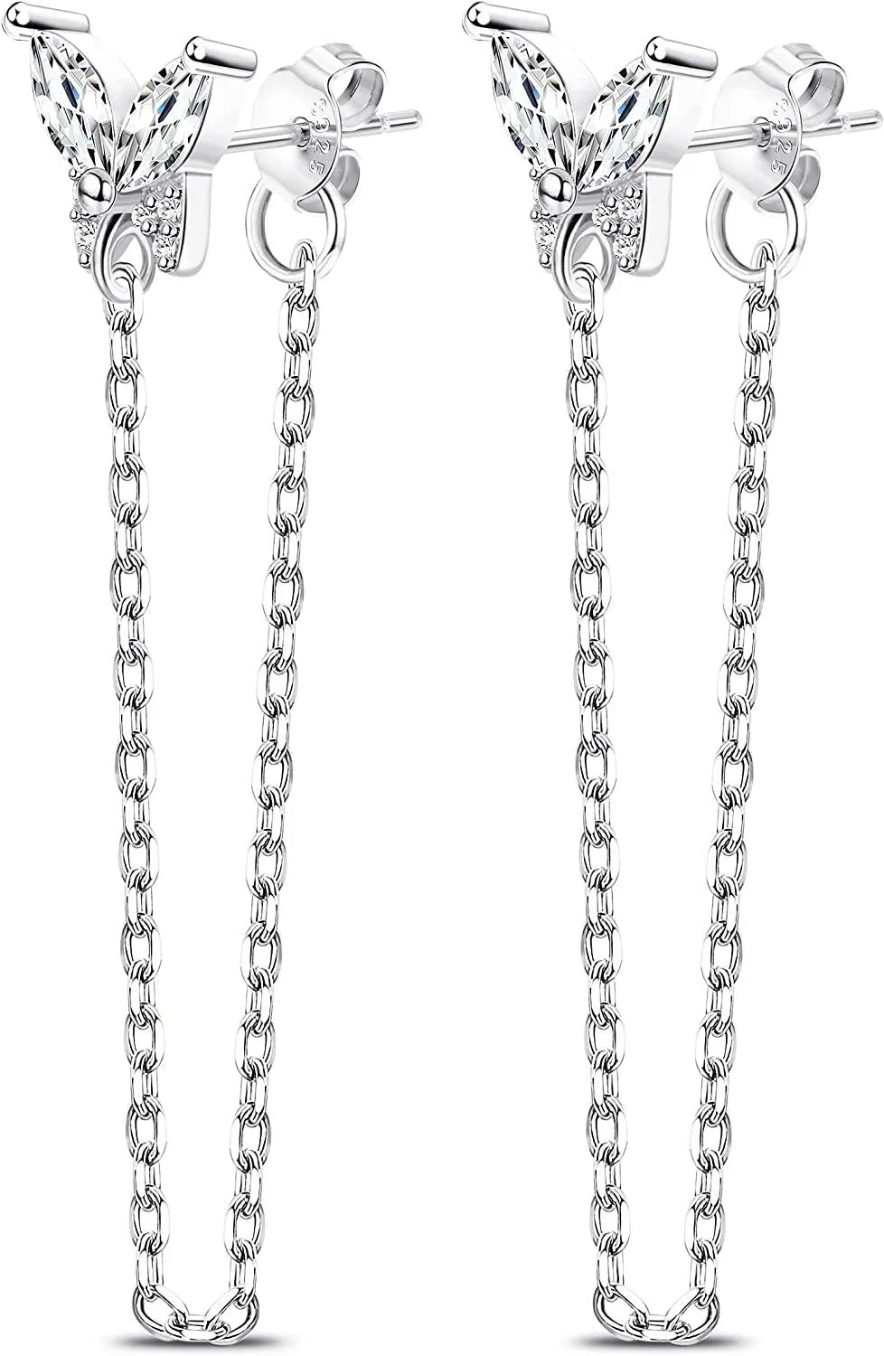 925 Sterling Silver Butterfly Chain Stud Earrings for Women 14K Gold Plated Drop Chain Dangle Earrings Hypoallergenic - Grocery