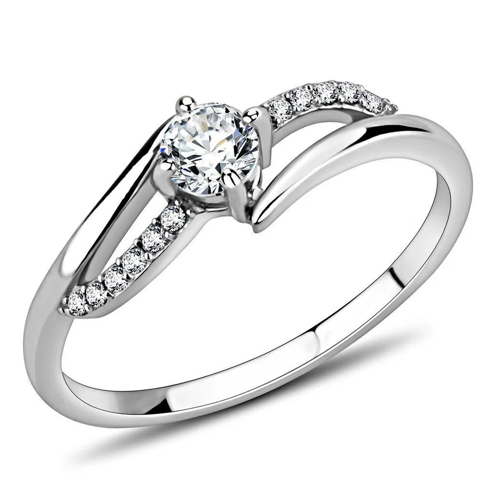 DA144 - High polished (no plating) Stainless Steel Ring with AAA Grade CZ in Clear - Grocery