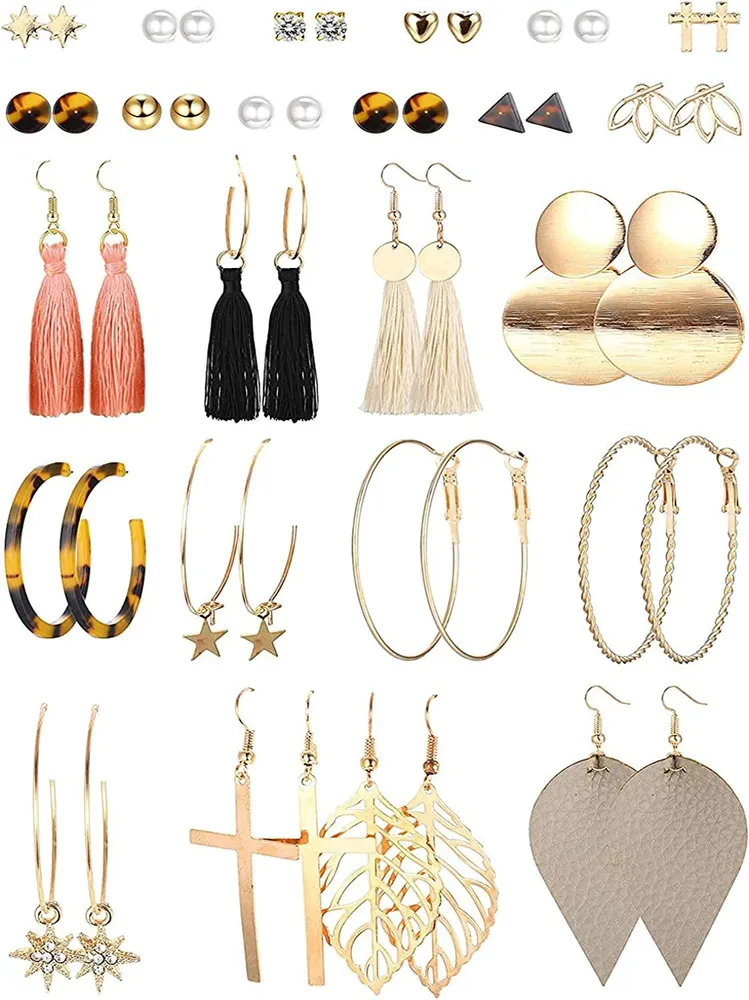 24 Pairs Fashion Earrings Set for Women Bohemian Tassel Drop Dangle Earrings Acrylic Leopard Statement Hoop Earrings Ball Stud Earrings - Grocery