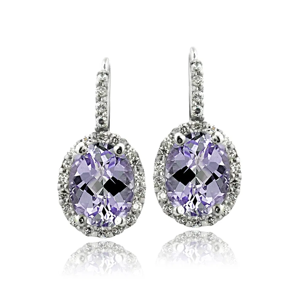 Sterling Silver 3.3ct Amethyst & CZ Oval Halo Leverback Earrings - Grocery