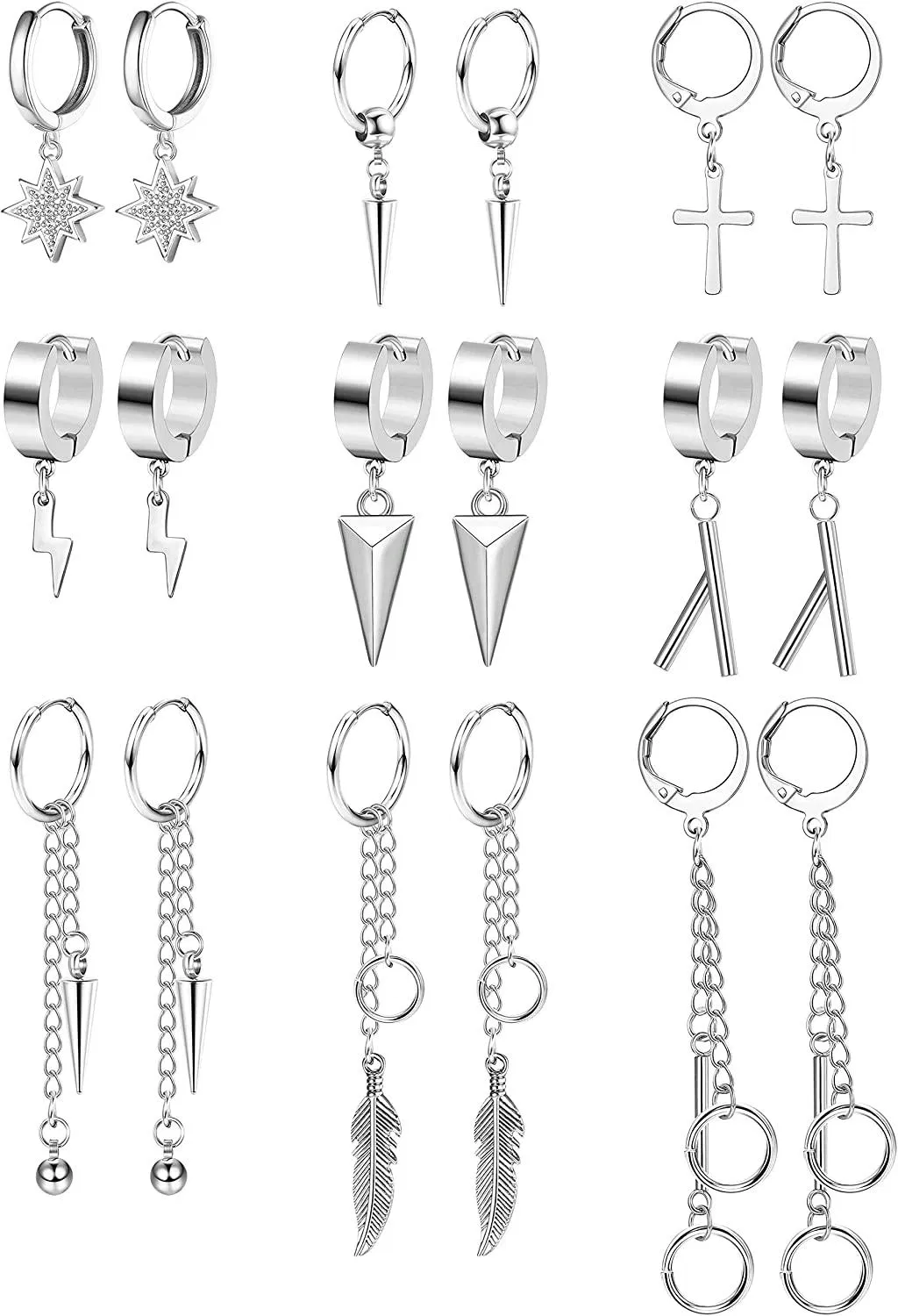 9 Pairs Hoop Dangle Earrings Stainless Hinged Dangle Earrings Long Chain Pendant Earrings Dangle Huggie Hoop Earrings For Women Men - Grocery