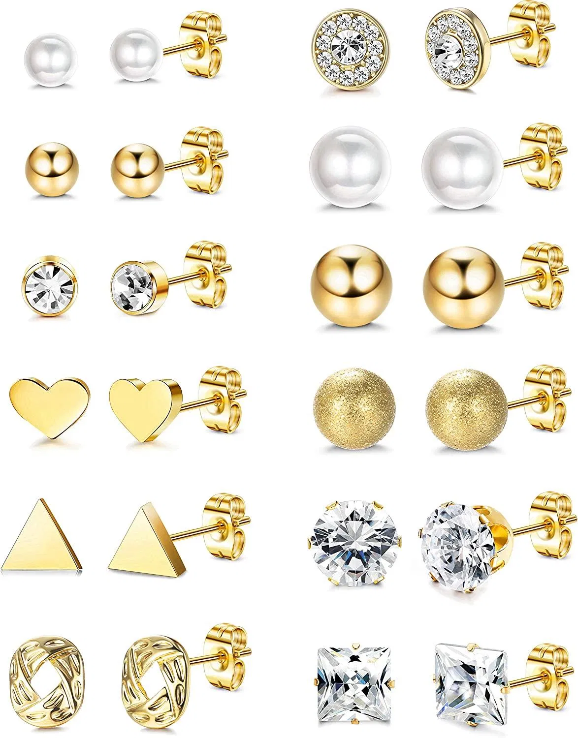 12 Pairs Stainless Stud Earrings for Women Men Crystal Pearl CZ Earring Set Tiny Triangle Round Ball Earrings Ear Stud Jewelry - Grocery